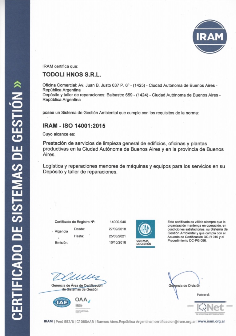 Certificacion ISO 14001 de Todoli Hermanos SRL